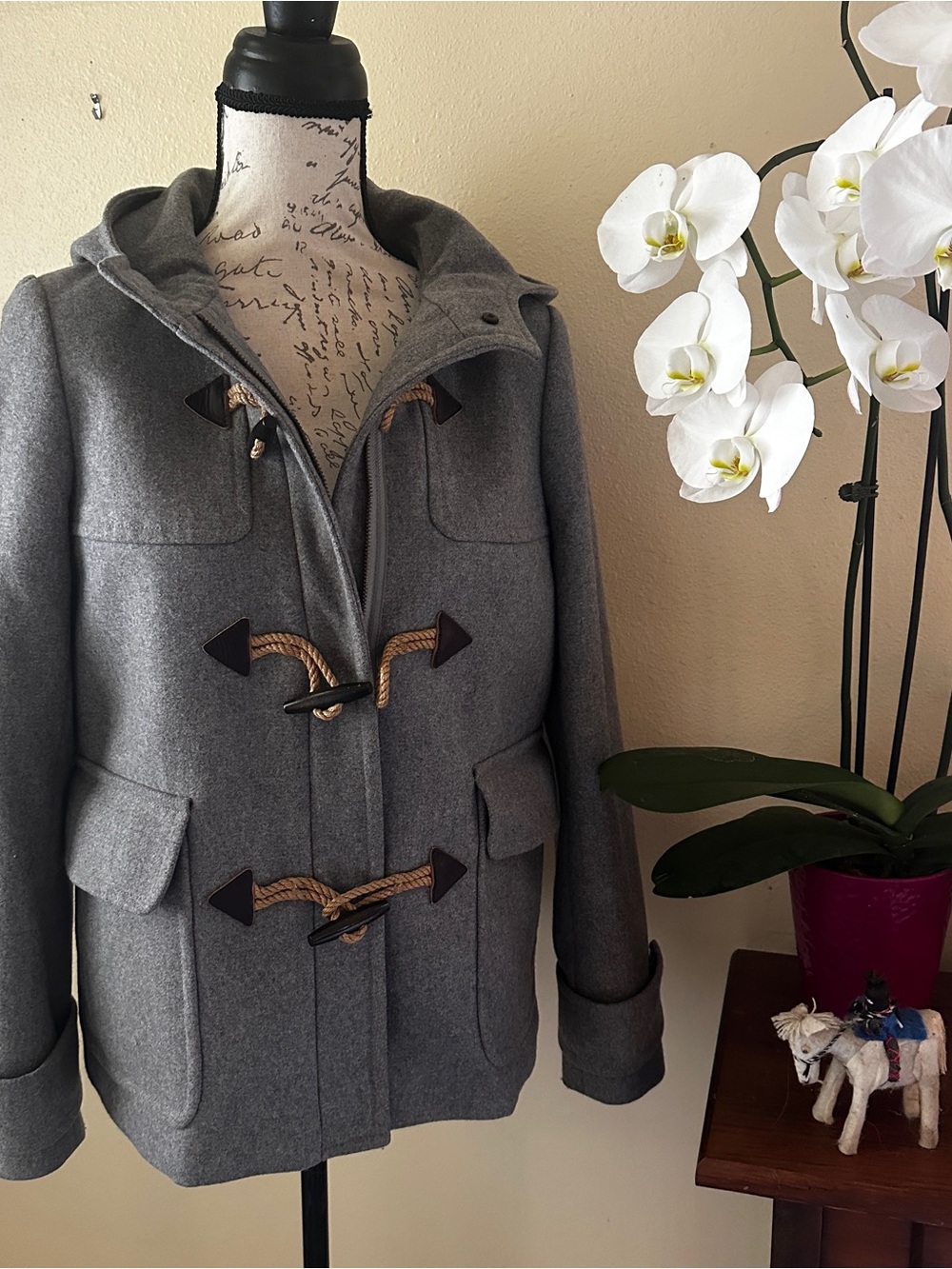 J. Crew Gray Hooded Molten Wool Toggle Pea Coat